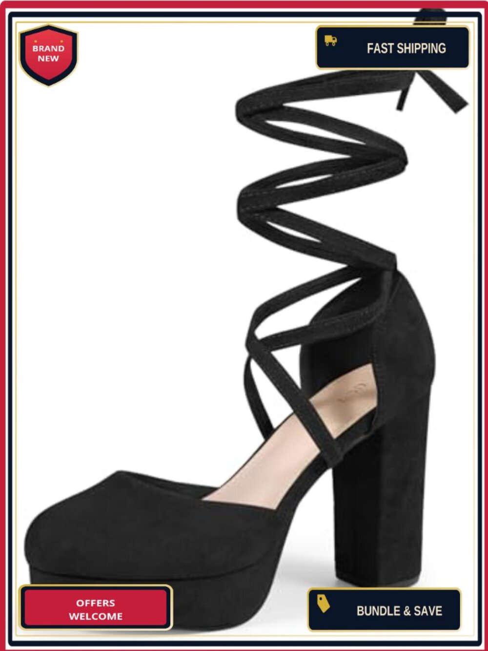 Faux Suede Strappy Block Heel Platform Pumps, Lace Up Chunky Heels, Dress Shoes